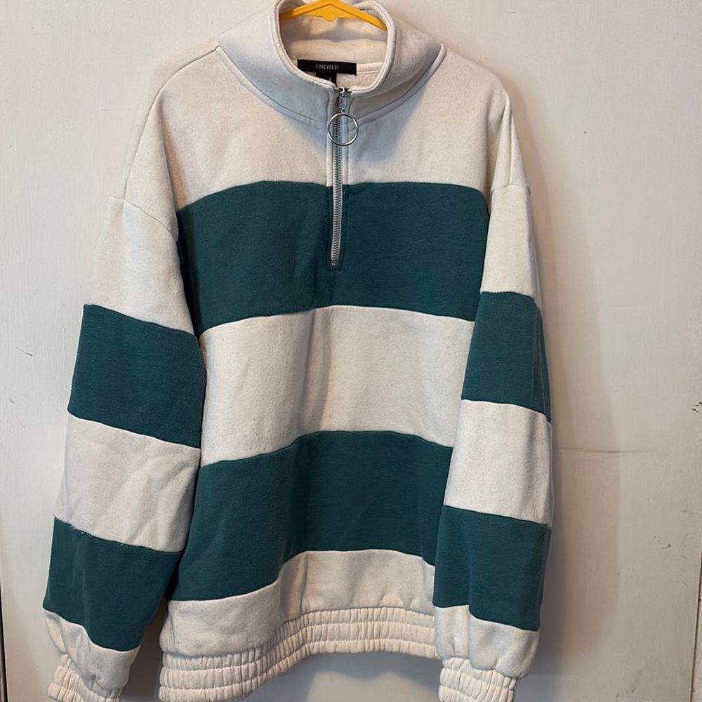 Forever 21 Green and White Zip Up Sweater